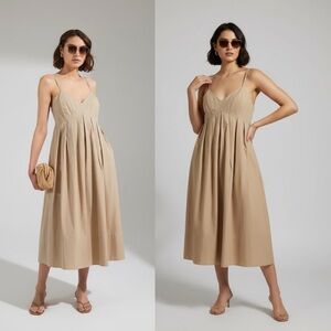 AV Adrienne Vittadini Cotton Silk Blend Empire Waist Sleeveless Tan Midi Dress